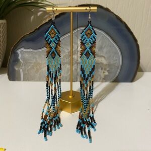 Elegant Beaded Dangle Earrings in Turquoise and Brown